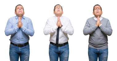 Arap orta yaş erkek yalvarıyor ve umut ifade yüzünde çok duygusal ve endişe ile birlikte elleriyle dua izole arka plan üzerinde bileşimi. Bağışlanmak. Din kavramı.