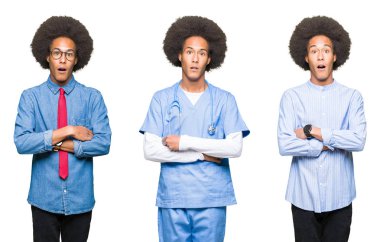 Beyaz izole arka plan korkuyor ve şok sürpriz ifade, korku ve heyecan yüz üzerinden afro saçlı Genç adam kolaj.