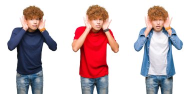 Izole beyaz arka plan üzerinde farklı görünüyor giyen genç adamın kolaj kulak jest her iki elini duymak için çalışıyorum, dedikodu için meraklı. İşitme sorunu, sağır