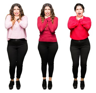 Kolaj izole beyaz güzel genç kadın bir arka plan bağırarak ve çünkü boğmak acı kendi ellerimle öldürürüm. Sağlık sorunu. Yaralarından ve intihar kavramı.