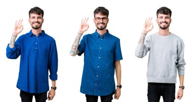 Kolaj ok işareti ile el ve parmak yapıyor olumlu gülümseyen izole arka plan üzerinde genç adam. Başarılı ifade.