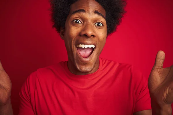 Young american man with afro hair wearing t-shirt standing over isolated red background very happy and excited, winner expression celebrating victory screaming with big smile and raised hands