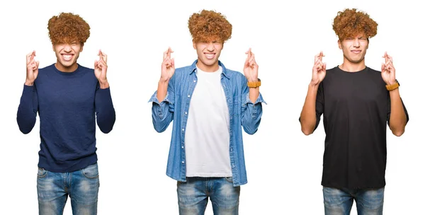 Collage Giovani Con Capelli Ricci Sfondo Bianco Isolato Sorridente Incrociando — Foto Stock