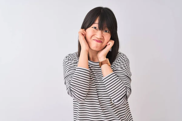 Young Beautiful Chinese Woman Wearing Black Striped Shirt Isolated White — Stock Photo, Image