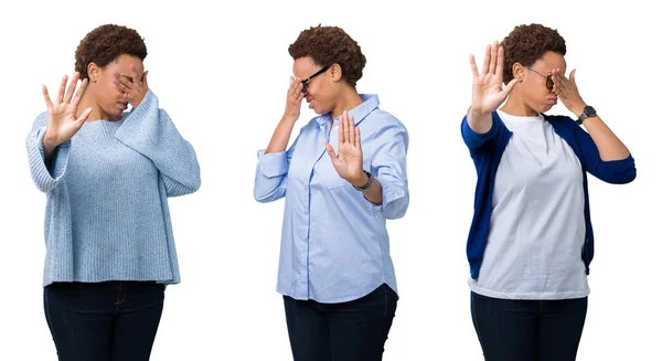 Young African American Woman Afro Hair Isolated Background Covering Eyes — Stock Photo, Image