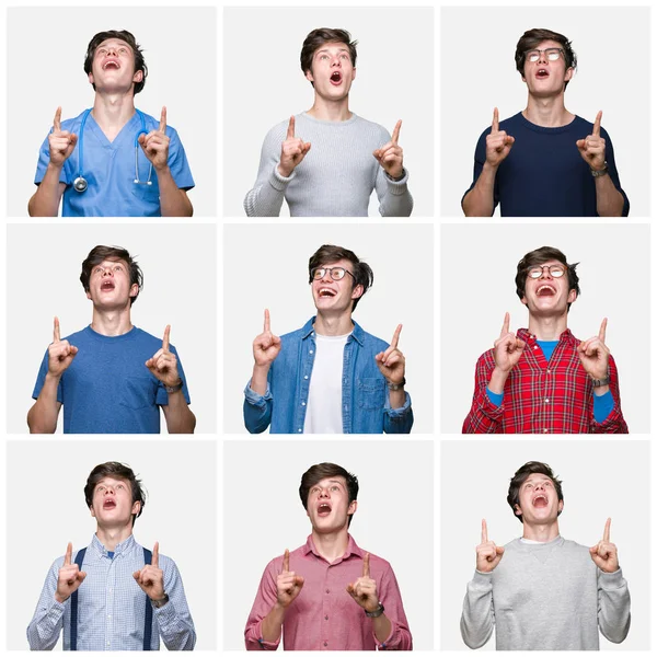 Collage Ung Man Över Vit Isolerade Bakgrund Förvånad Och Överraskad — Stockfoto