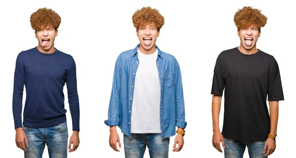 Collage Junger Männer Mit Lockigem Haar Vor Isoliertem Weißem Hintergrund — Stockfoto