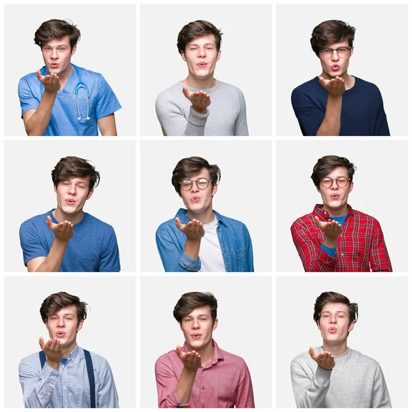 Collage Hombre Joven Sobre Fondo Blanco Aislado Mirando Cámara Soplando —  Fotos de Stock