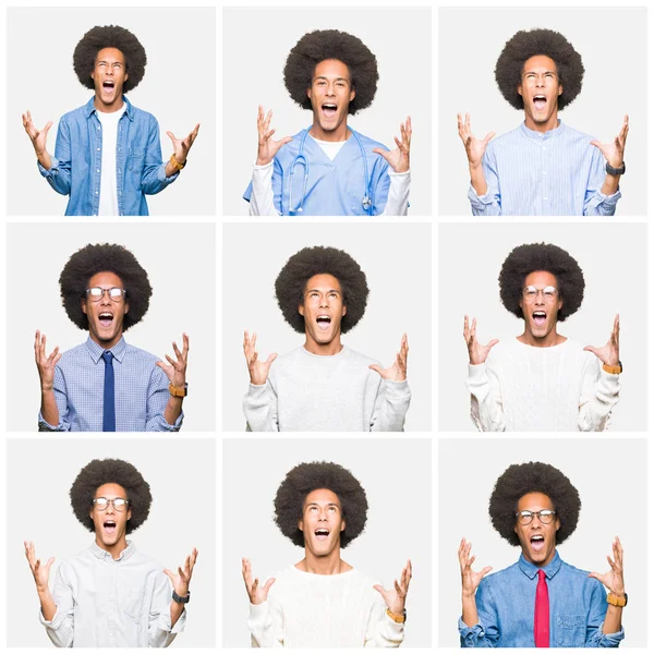 Collage Giovane Uomo Con Capelli Afro Sfondo Bianco Isolato Pazzo — Foto Stock