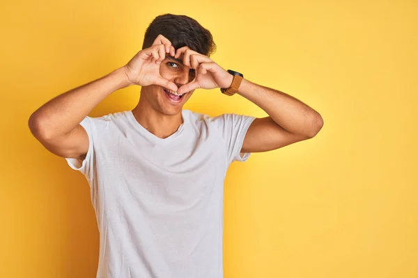 Young Indian Man Wearing White Shirt Standing Isolated Yellow Background — Stock Photo, Image