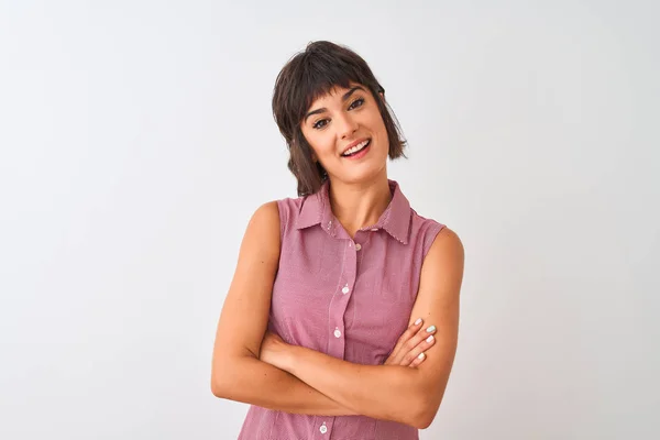 Mujer Hermosa Joven Vistiendo Camisa Roja Verano Pie Sobre Fondo — Foto de Stock