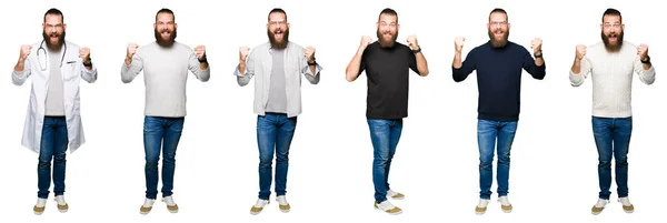 Collage Ung Man Med Bulle Över Vit Isolerad Bakgrund Firar — Stockfoto