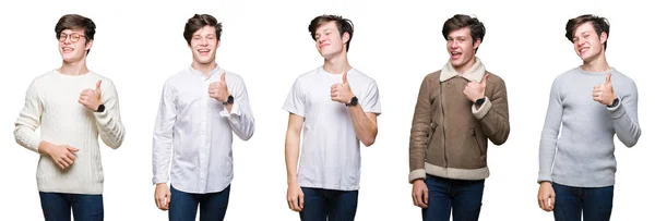 Collage Hombre Joven Sobre Fondo Blanco Aislado Haciendo Gesto Feliz —  Fotos de Stock