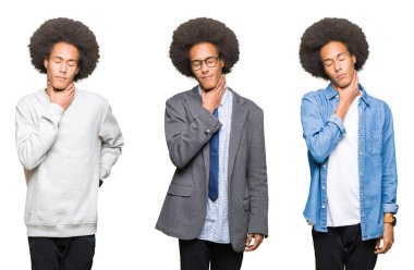 Beyaz izole arka planda afro saç ile genç adam kolaj ağrılı boyun, grip, kesek ve enfeksiyon için boğaz ağrısı dokunmadan