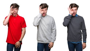 Beyaz izole arka plan üzerinde genç adam kolaj sürpriz yüz, göz parmaklarıyla bakarak şok ok jest yapıyor. İnanılmaz ifade.