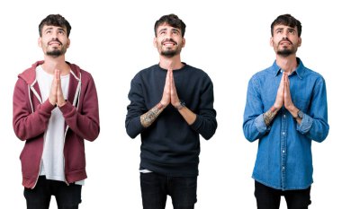 Kolaj yalvarıyor ve umut ifade yüzünde çok duygusal ve endişe ile birlikte elleriyle dua izole arka plan üzerinde genç adam. Bağışlanmak. Din kavramı.
