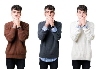 İzole arka planda bir kazak giyen genç adam kolaj hata için eller ile ağız kapsayan şok. Gizli konsept.