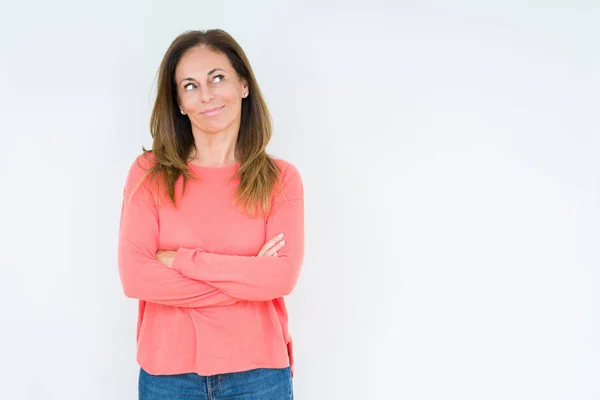 Hermosa Mujer Mediana Edad Sobre Fondo Aislado Sonriendo Mirando Lado — Foto de Stock