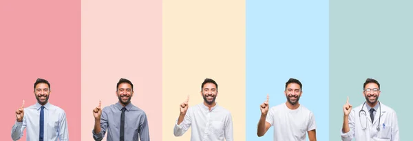 Colagem Homem Bonito Sobre Listras Coloridas Fundo Isolado Mostrando Apontando — Fotografia de Stock