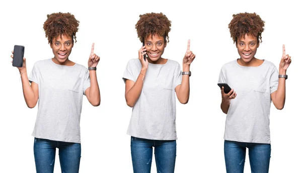 Collage Young Beautiful African Girl Using Smartphone Surprised Idea Question — Stock Photo, Image