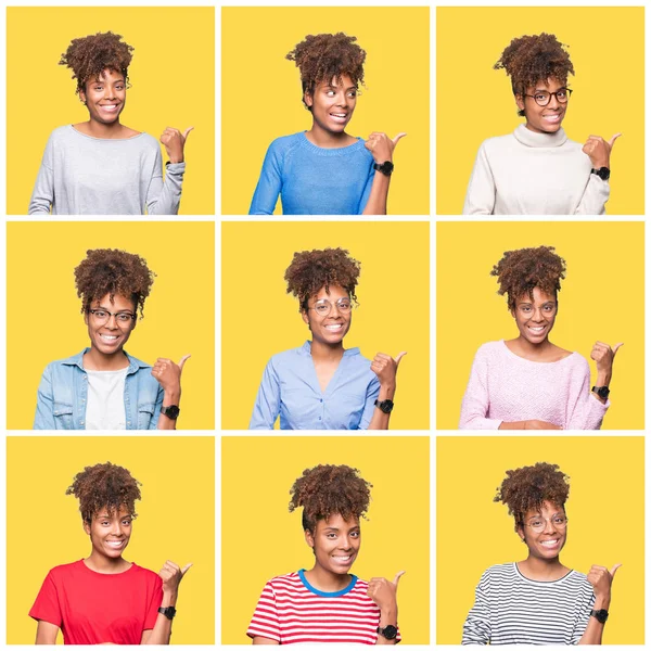 Collage of young beautiful african girl over yellow isolated background smiling with happy face looking and pointing to the side with thumb up.