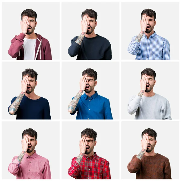 Collage Young Man Isolated Background Yawning Tired Covering Half Face — Stock Photo, Image