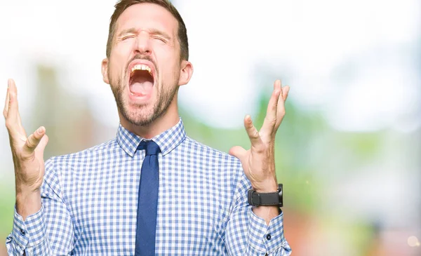 Handsome Business Man Wearing Tie Celebrating Mad Crazy Success Arms — Stock Photo, Image