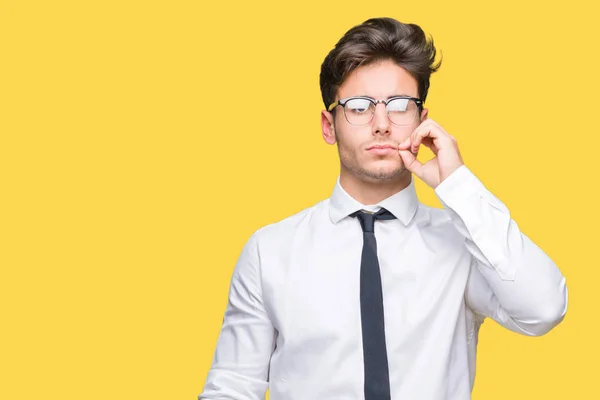 Young Business Man Wearing Glasses Isolated Background Mouth Lips Shut — Stock Photo, Image