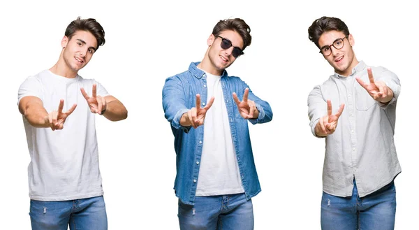 Colagem Homem Bonito Jovem Sobre Fundo Isolado Sorrindo Olhando Para — Fotografia de Stock