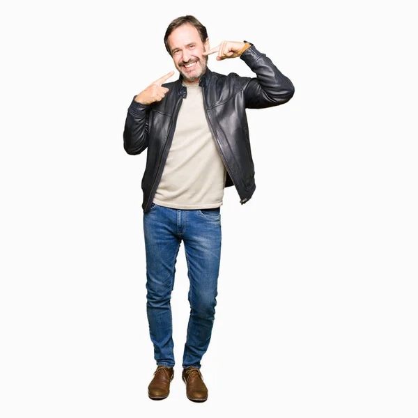 Middle Age Handsome Man Wearing Black Leather Jacket Smiling Confident — Stock Photo, Image