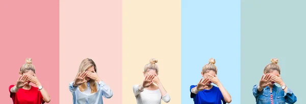 Collage Belle Femme Blonde Sur Des Rayures Colorées Fond Isolé — Photo