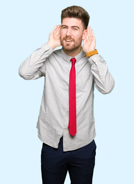 Joven Hombre Negocios Guapo Tratando Escuchar Gesto Las Dos Manos — Foto de Stock