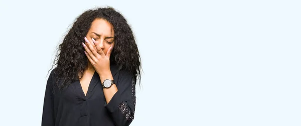 Young Beautiful Girl Curly Hair Wearing Elegant Dress Bored Yawning — Stock Photo, Image