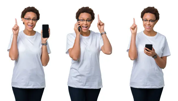 Colagem Jovem Afro Americana Com Cabelo Afro Usando Smartphone Surpreso — Fotografia de Stock