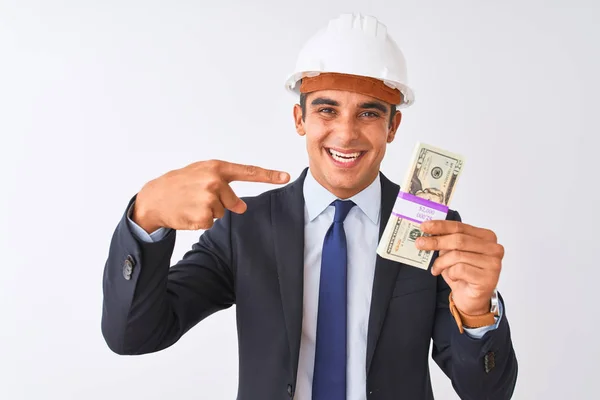 Young Handsome Architect Man Wearing Helmet Holding Dollars Isolated White — Stock Photo, Image