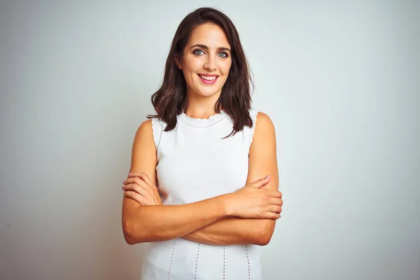 Jonge Mooie Vrouw Dragen Jurk Staande Witte Geïsoleerde Achtergrond Gelukkig — Stockfoto