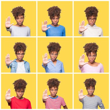 Sarı izole arka plan üzerinde genç güzel Afrikalı kız kolaj el avuç ile şarkı durdurmak yapıyor. Yüz üzerinde negatif ve ciddi jest ile uyarı ifadesi.