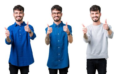 İzole arka plan onaylama üzerinde genç adam kolaj el ile pozitif jest yapıyor gülümseyen ve başarı için mutlu Yaşasın. Kamera, kazanan jest arıyorsunuz.