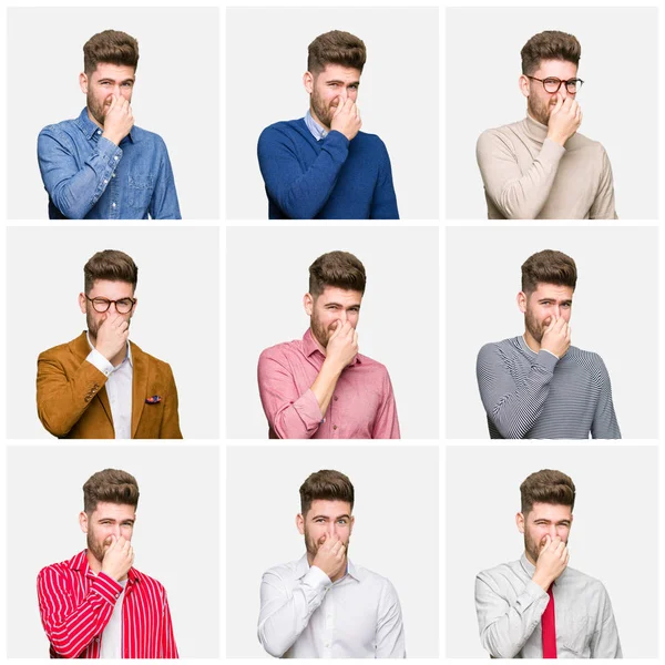 Collage of handsome young business man wearing different looks over white isolated background smelling something stinky and disgusting, intolerable smell, holding breath with fingers on nose. Bad smells concept.