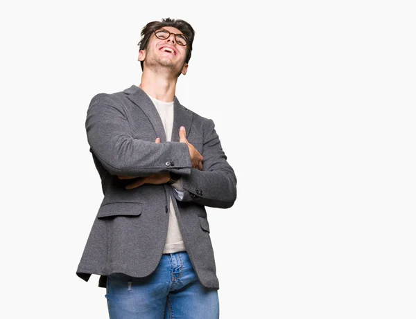 Jovem Homem Negócios Usando Óculos Sobre Fundo Isolado Sorrindo Rindo — Fotografia de Stock