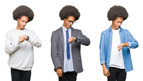 Kollázs Fiatal Férfi Afro Hajú Fehér Elszigetelt Háttér Ellenőrzése Idő — Stock Fotó