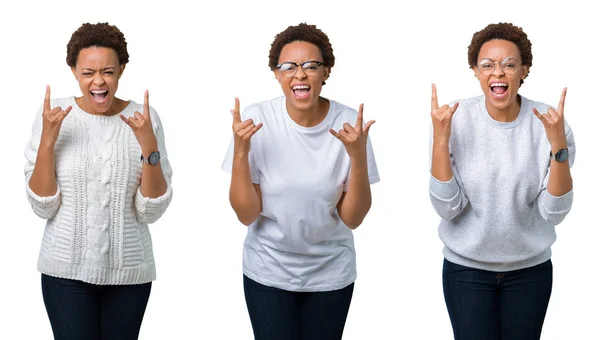 아프리카 머리를 아프리카계 미국인 여자는 손으로 기호를 표정으로 외치는 — 스톡 사진