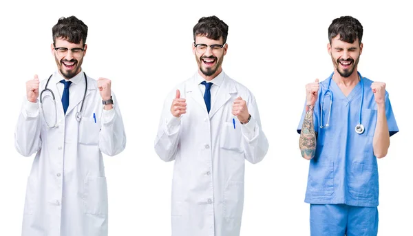 Collage Medico Che Indossa Cappotto Medico Sfondo Isolato Eccitato Successo — Foto Stock