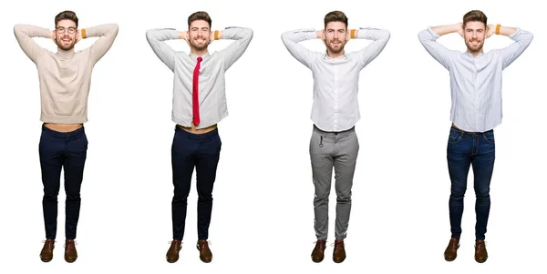 Collage Eines Gut Aussehenden Jungen Geschäftsmannes Vor Weißem Isoliertem Hintergrund — Stockfoto