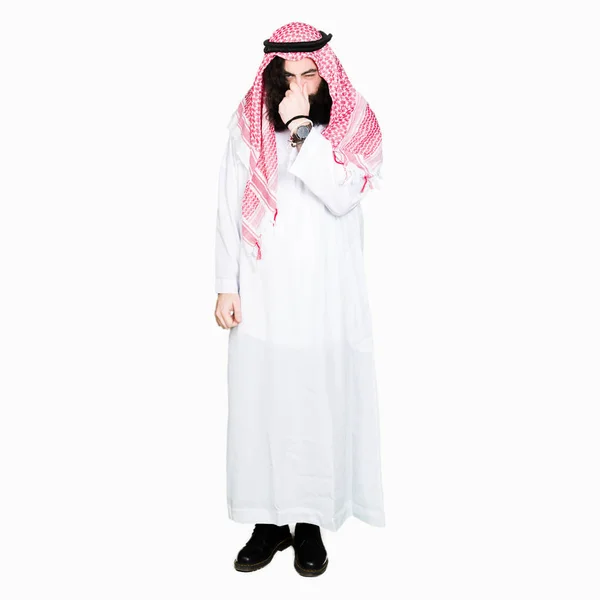 Arabian Business Man Long Hair Wearing Traditional Keffiyeh Scarf Smelling — Stock Photo, Image