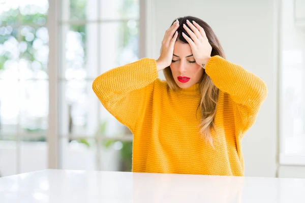 Young Beautiful Woman Wearing Winter Sweater Home Suffering Headache Desperate — Stock Photo, Image