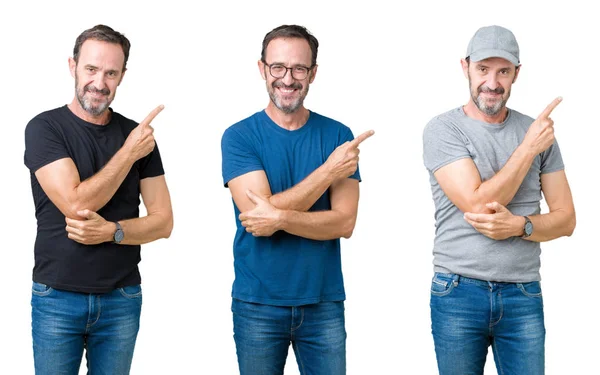 Colagem Homem Sênior Bonito Sobre Fundo Isolado Branco Apontando Com — Fotografia de Stock