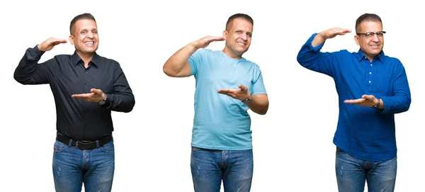 阿拉伯中年男子的组成在孤立的背景上用手的手势显示大尺寸的符号 测量符号 看着镜头微笑 测量概念 — 图库照片