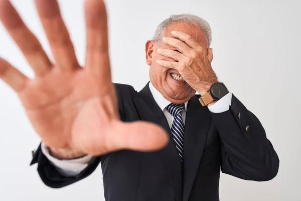 Senior Grey Haired Businessman Wearing Suit Standing Isolated White Background — Stock Photo, Image