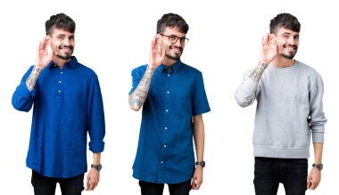 Kolaj bir söylenti ya da dedikodu için bir işitme dinlerken kulak üzerinde el ile gülümseyen izole arka plan üzerinde genç adam. Sağırlık kavramı.